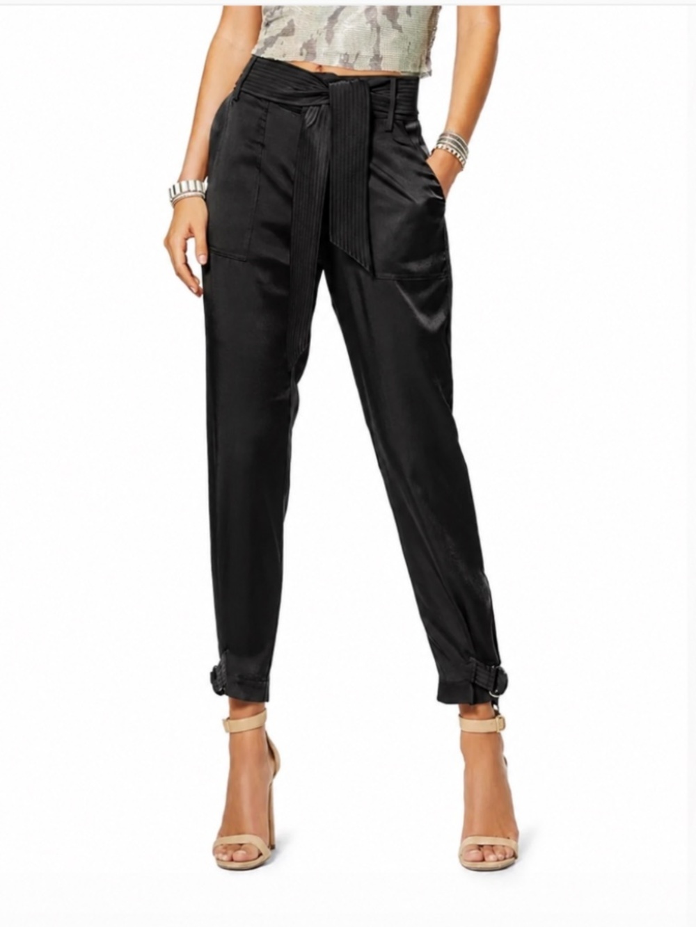 Ramy Brook Gordon Satin Belted High Waisted Tailored Pants Black Size 2